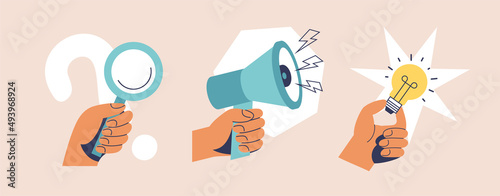 Various Hands holding things. Hands with megaphone, lupe, electric lamp. Vector illustration.