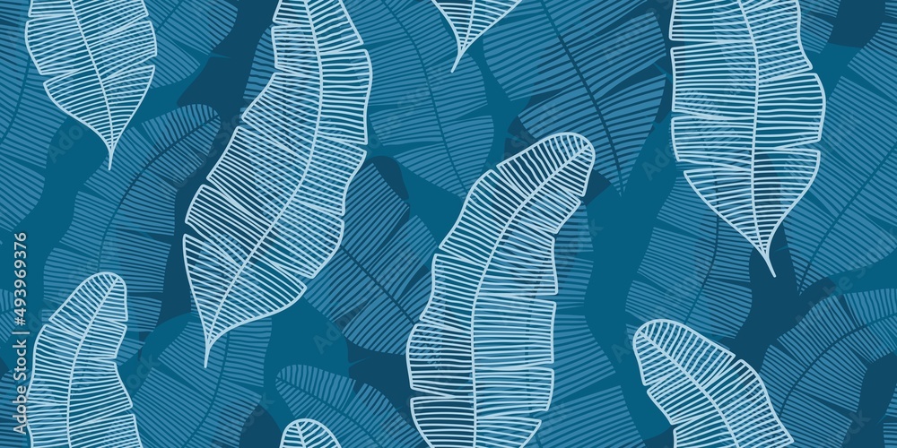 ABSTRACT VECTOR SEAMLESS BLUE BANNER WITH LIGHT BLUE AND WHITE BANANA LEAVES