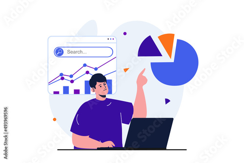 Seo analysis modern flat concept for web banner design. Man analyzes data, adjusts search results, raises rating, increases traffic, works at laptop. Illustration with isolated people scene