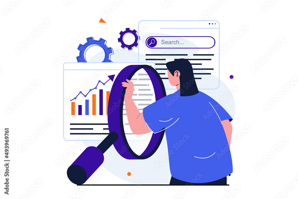 Seo analysis modern flat concept for web banner design. Woman with magnifier studies data of search queries on charts, optimizes and promotes sites. Illustration with isolated people scene - obrazy, fototapety, plakaty 