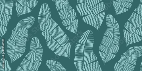 ABSTRACT VECTOR SEAMLESS TURQUOISE BANNER WITH MINT BANANA LEAVES