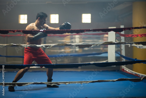 Sporty man boxing alone in ring. Side view of young shirtless boxer training before championship. Motivation concept