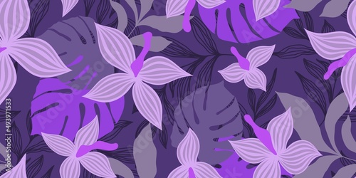 VECTOR SEAMLESS PURPLE BANNER WITH LILAC FLOWERS AND COLORFUL TROPICAL LEAVES