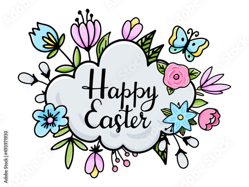 Happy Easter concept with lettering and flowers. Doodle style vector illustration isolated on white background