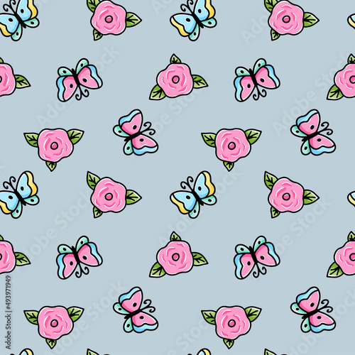 Seamless floral pattern with butterflies. Vector texture in hand drawn style