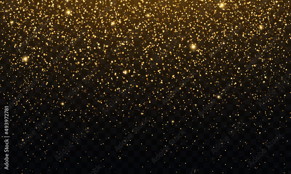Golden glitter background. Yellow dust, bokeh effect. Abstract falling golden lights and stars.