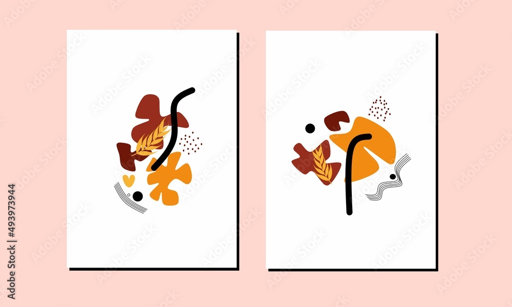 Set two of abstract organic shapes wall art. Flowers wall decor. Boho Scandinavian wall decorations. Can use for poster, social media, invitation, cards and wallpaper.