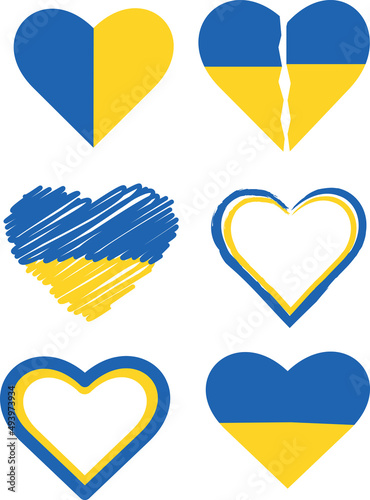 6 heart shaped icons with Ukraine flag in watercolor, outline style and broken shape . can be used for slogans and banners to support Ukraine and stop the war