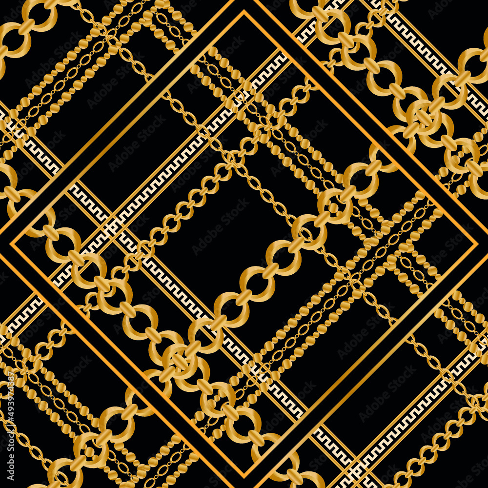 Seamless pattern decorated with precious stones, gold chains and pearls. Seamless pattern decorated with precious stones, gold chains and pearls.