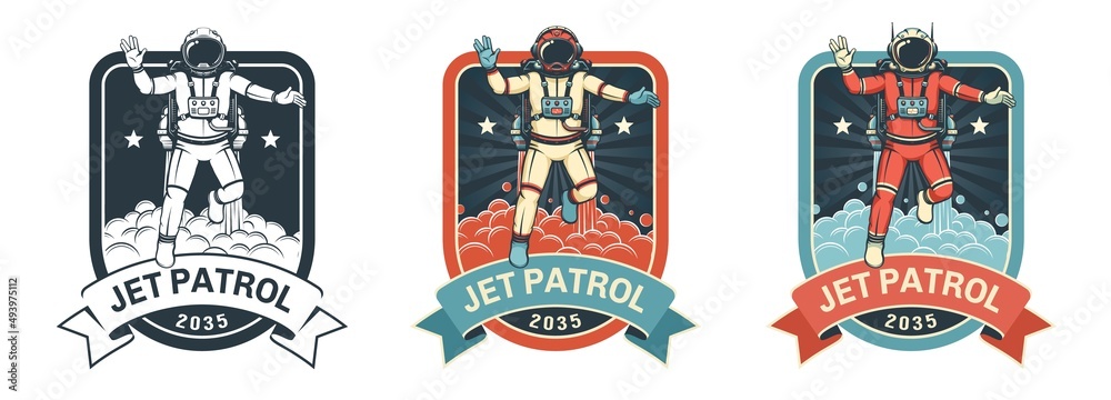 Retro space badge with astronaut taking off in spacesuit. Spaceman with jetpack - vintage logo. Vector image.
