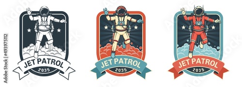 Retro space badge with astronaut taking off in spacesuit. Spaceman with jetpack - vintage logo. Vector image.