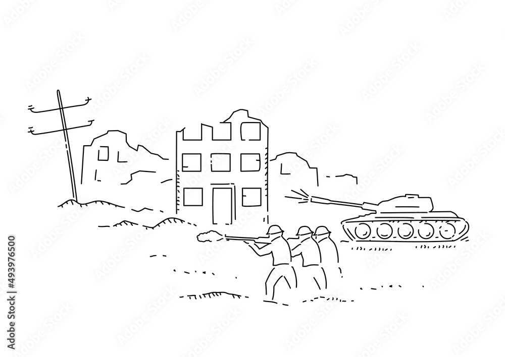 Obraz premium military operation in city with tanks and soldiers