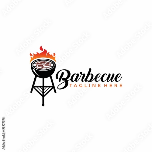 Barbecue restaurant - Logo icon of Barbecue, Grill and Bar with fire, grill fork and spatula. BBQ logo template. Vector illustration