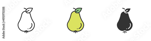 Simple minimalism pear in three variations. Outline, colorful and glyph vector flat illustration