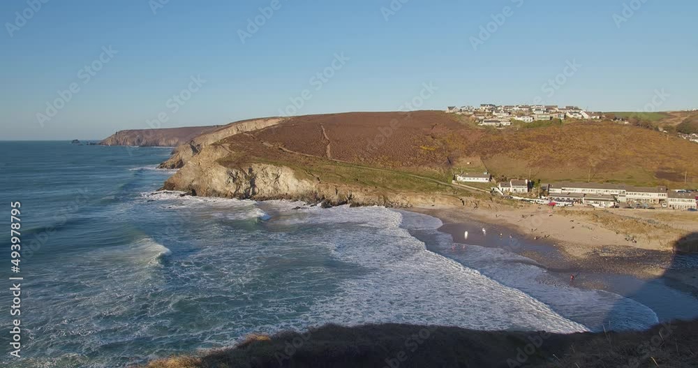 Foamy Waves Splashing On The Shore At Porthtowan Beach, Cornwall, England, UK - static shot