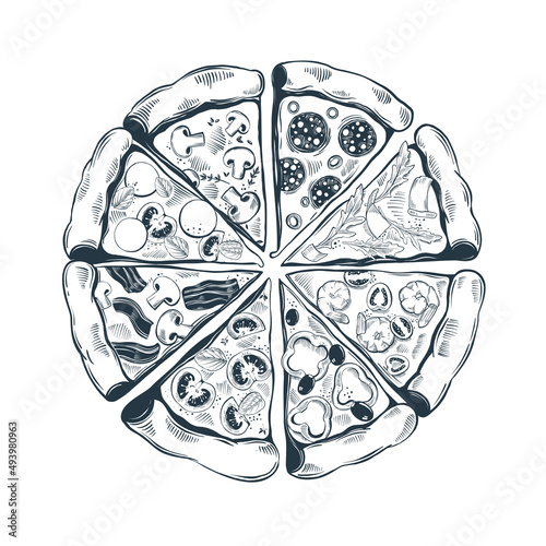 Hand drawn pizza slices with different toppings. Top view. Vector illustration photo