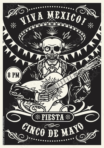 Skeleton mariachi musician monochrome poster