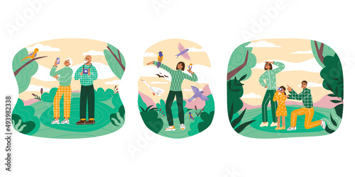 Birdwatching or ornithology flat vector illustration. Woman  family  senior couple have eco-friendly hobby  outdoor activity  local tourism  Recreation leisure hiking  birding