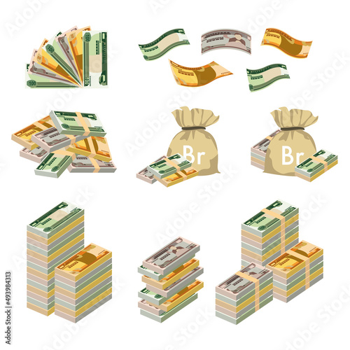 Ethiopian Birr Vector Illustration. Huge packs of Ethiopia money set bundle banknotes. Bundle with cash bills. Deposit, wealth, accumulation and inheritance. Falling money 10, 50, 100 Br.