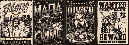 Black and white posters set with mafia characters