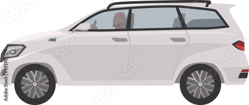 White Off Roader Car with Man Side View Illustration