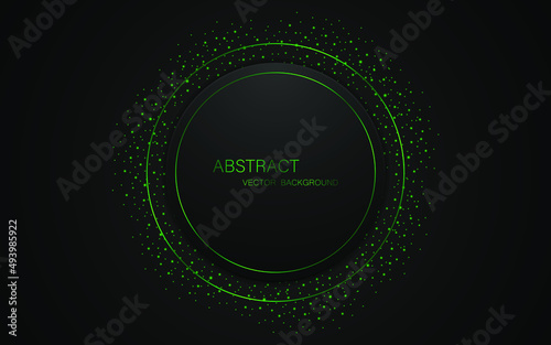 Abstract black circle shape with green lines and glowing green particles on black background.
