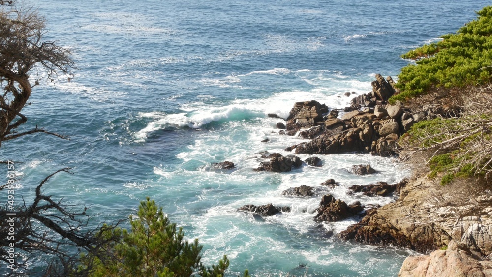 Rocky craggy ocean coast and cypress grove, blue water waves and coniferous pine tree forest, scenic 17-mile drive, Monterey nature near Point Lobos, Big Sur and Pebble beach, California USA. Seascape Rocky craggy ocean coast and cypress grove, blue water waves and coniferous pine tree forest, scenic 17-mile drive, Monterey nature near Point Lobos, Big Sur and Pebble beach, California USA. Seascape