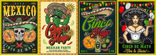 Colorful vintage posters set for Mexican party
