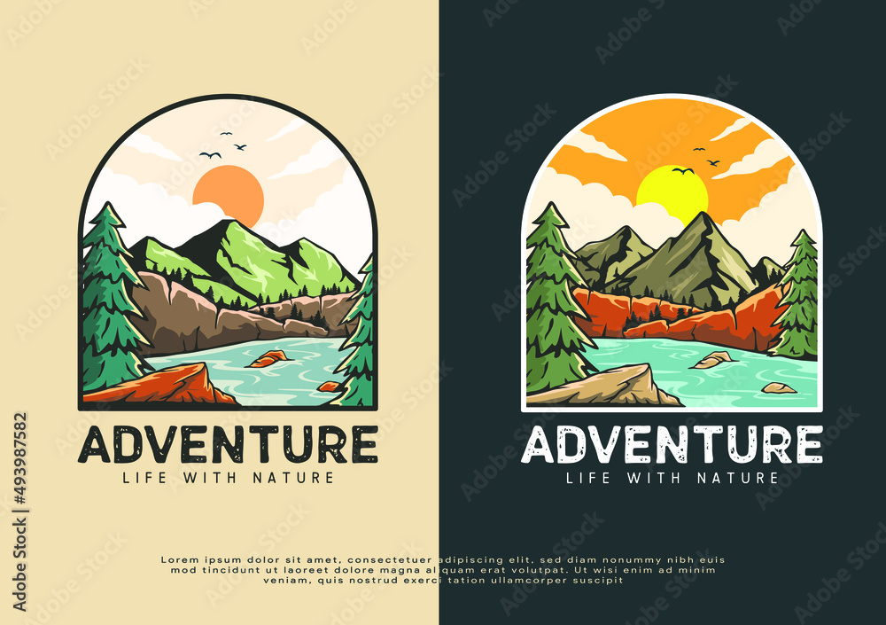 wild nature river and mountain logo illustration, artwork for t-shirt print