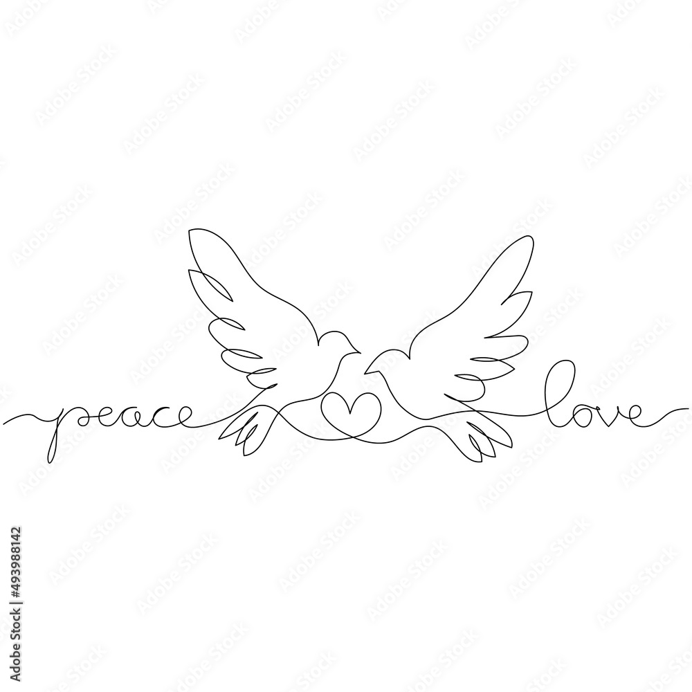 Peace and love - handdrawn lettering with two dove birds and heart. Continuous line drawing. Minimal line art. Peace and love - handdrawn lettering with two dove birds and heart. Continuous line drawing. Minimal line art.