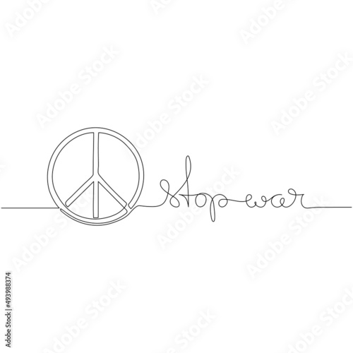 Stop war - peace sign in continuous line drawing. Minimalistic line art. Peace and no war concept.