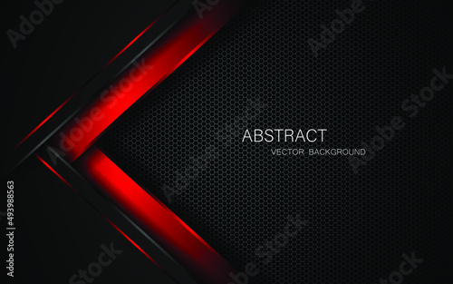 Abstract black and red polygons overlapped on dark steel mesh background with free space for design. modern technology innovation concept background	