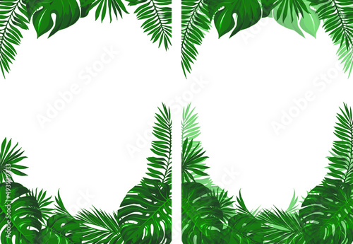 Vector rectangle template with fresh green tropical leaves of palm and monstera frame . For summer design of card, poster, invitation.