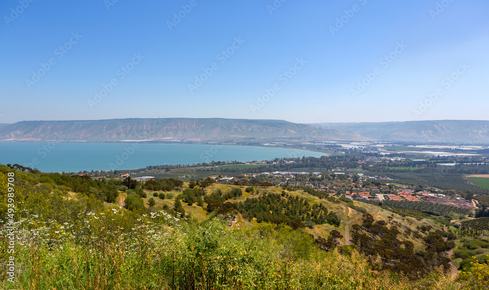 Sea of Galilee (Lake Kinneret) in Israel and Golan Heights in the background