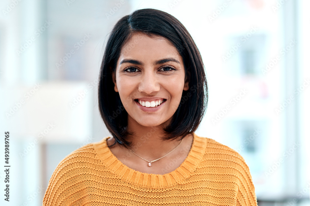 Positive mindset, positive life. Portrait of a happy young woman at home. Positive mindset, positive life. Portrait of a happy young woman at home.