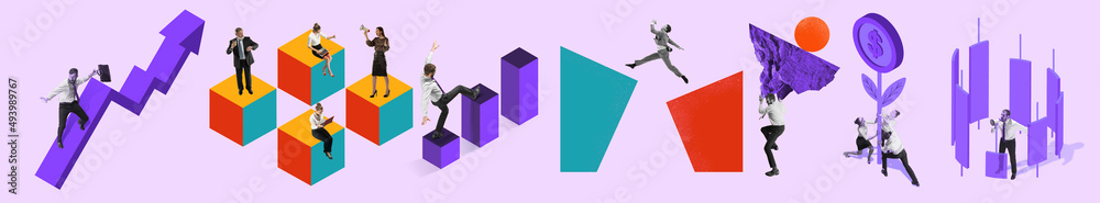 Contemporary art collage made of shots of young men and women, managers working hardly isolated over purple background, Concept of business, finance, career Contemporary art collage made of shots of young men and women, managers working hardly isolated over purple background, Concept of business, finance, career