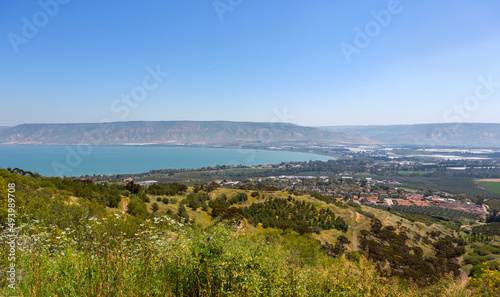 Sea of Galilee  Lake Kinneret  in Israel and Golan Heights in the background