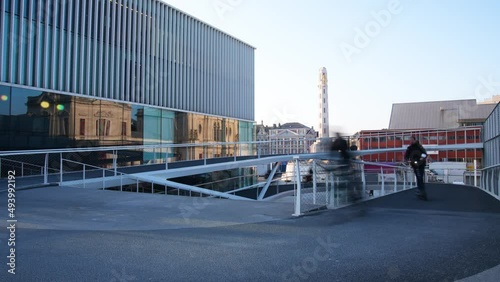 Wallpaper Mural Bicycles on spiral bike bridge in Leuven, Belgium. Railway station reflection in window - Time lapse Torontodigital.ca