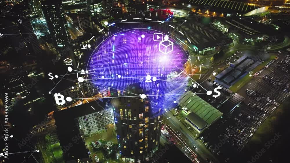 Metaverse releated icons moving around a rotating globe on night city background - 3D render Metaverse releated icons moving around a rotating globe on night city background - 3D render