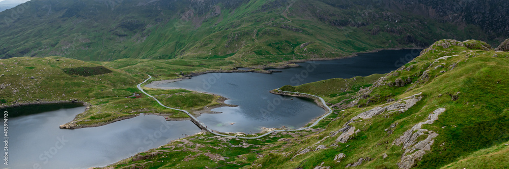 Beautiful landscape panorama of Pyg Track near Miners Track in Snowdonia National Park in North Wales, UK. Shoot during cloudy day