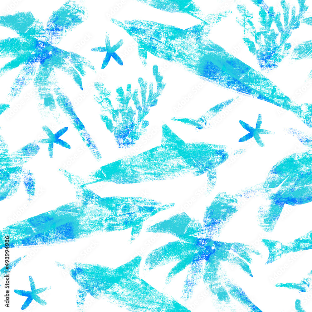 Obraz premium Seamless pattern with linocut prints on the theme of summer travel with turtles and dolphins