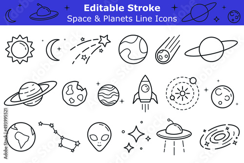 Space and planets line icons set with editable stroke. Astronomy pictograms pack. UFO, sun, rocket, comet simple symbols pack