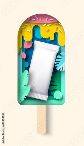 Paper cut ice cream on stick with realistic packaging pouch, vector illustration. Fruit popsicle, summer sweet dessert.