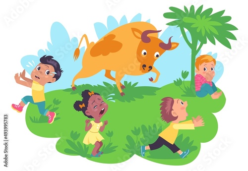 Children outdoor fears. Scared kids running away from angry bull. Screaming girls and boys escape from ox. Dangerous animal situation. Frightened people and fearful buffalo. Vector concept