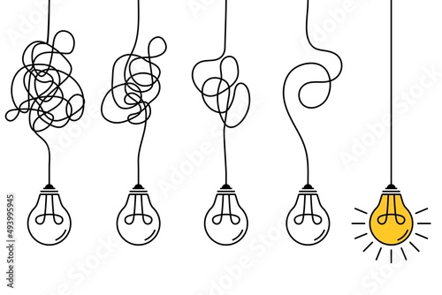 Complex problem solving process. Gradual simplify. Light bulb on tangled electric wire. Clarifying idea. Step by step thought organization. Unravel knots. Messy cables. Vector concept photo