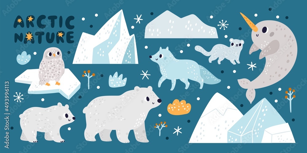 Cute arctic nature. Northern animal characters. Icebergs and ice floes.  White bears with cub and fox. Cold climate inhabitants. Owl and ocean  narwhal. Vector funny polar wild fauna set Stock Vector |