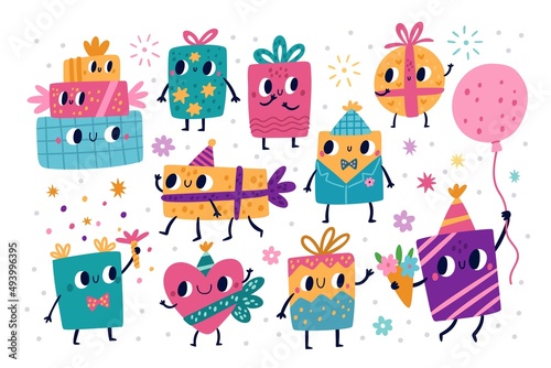 Cute gift boxes. Holiday presents characters, funny birthday paper wrappers, bow and ribbon, pretty cartoon packages with faces, legs and hands. Party decoration objects vector isolated set