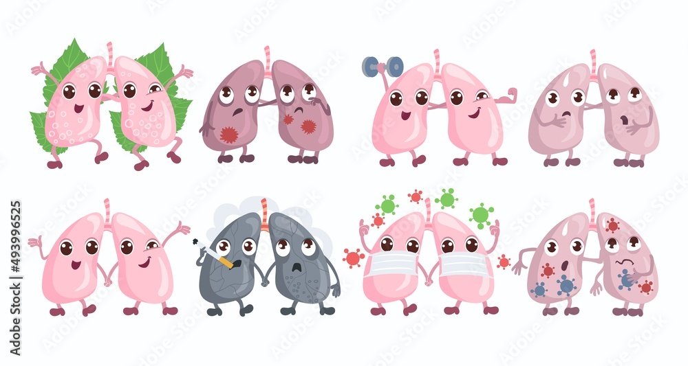 Fototapeta premium Cute lungs characters. Healthy and damaged human internal organs. Causes and consequences respiratory diseases. Benefits and harms of actions. Vector happy or sick anatomy mascots set