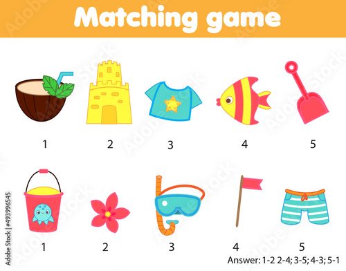 Children educational game. Logic matching game. Connect objects. Summertime theme activity for kids and toddlers