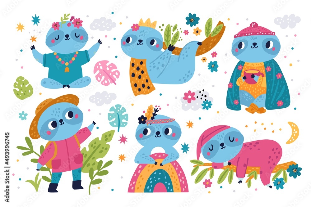 Obraz premium Cute sloths characters. Lazy animals. Tropical plants flowers and leaves. Rainforest wildlife. Different poses. Meditation and sleep. Creature hanging or lying on branch. Vector mammals set